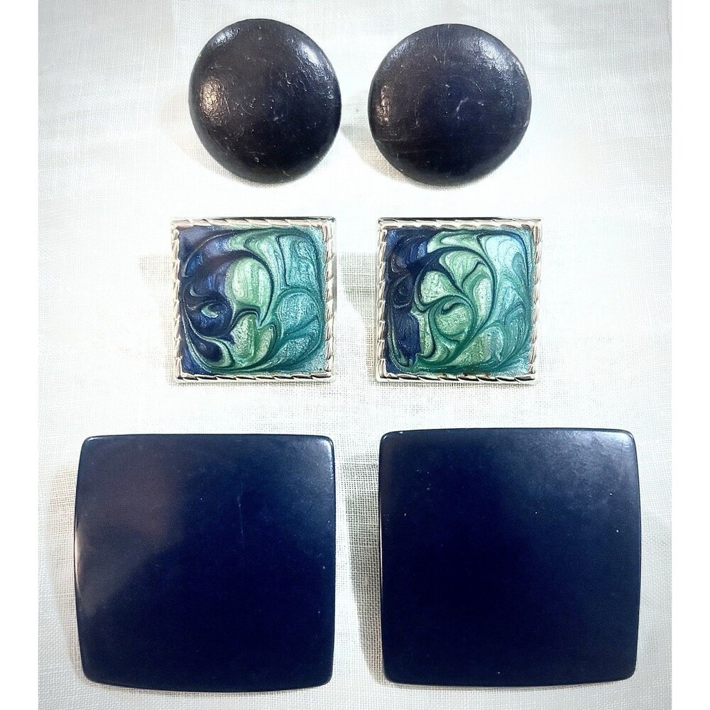 Vintage Earrings Lot Blue Green Enamel Cabochon Pierced Retro Statement Jewelry